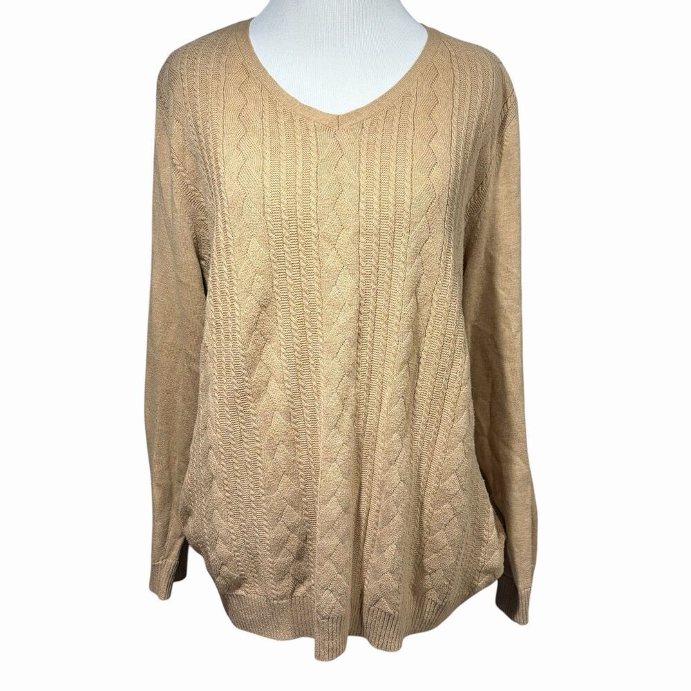 Talbots Women’s L Tan Cable Knit Sweater 100% Cotton V-Neck Pullover Academia